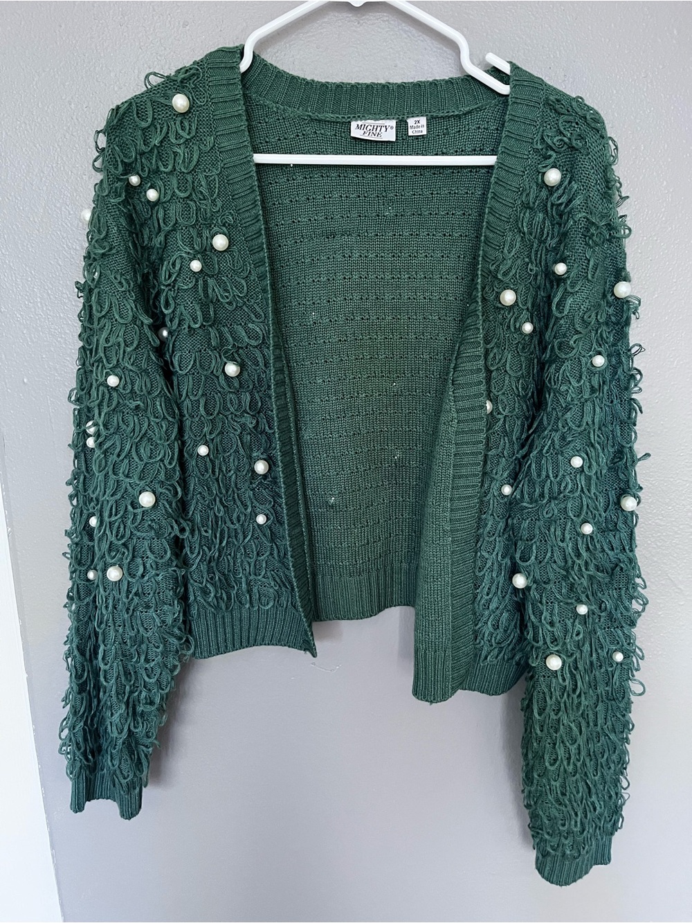 Mighty Fine Emerald Green Loop-Knit Open Cardigan with Pearl Accents